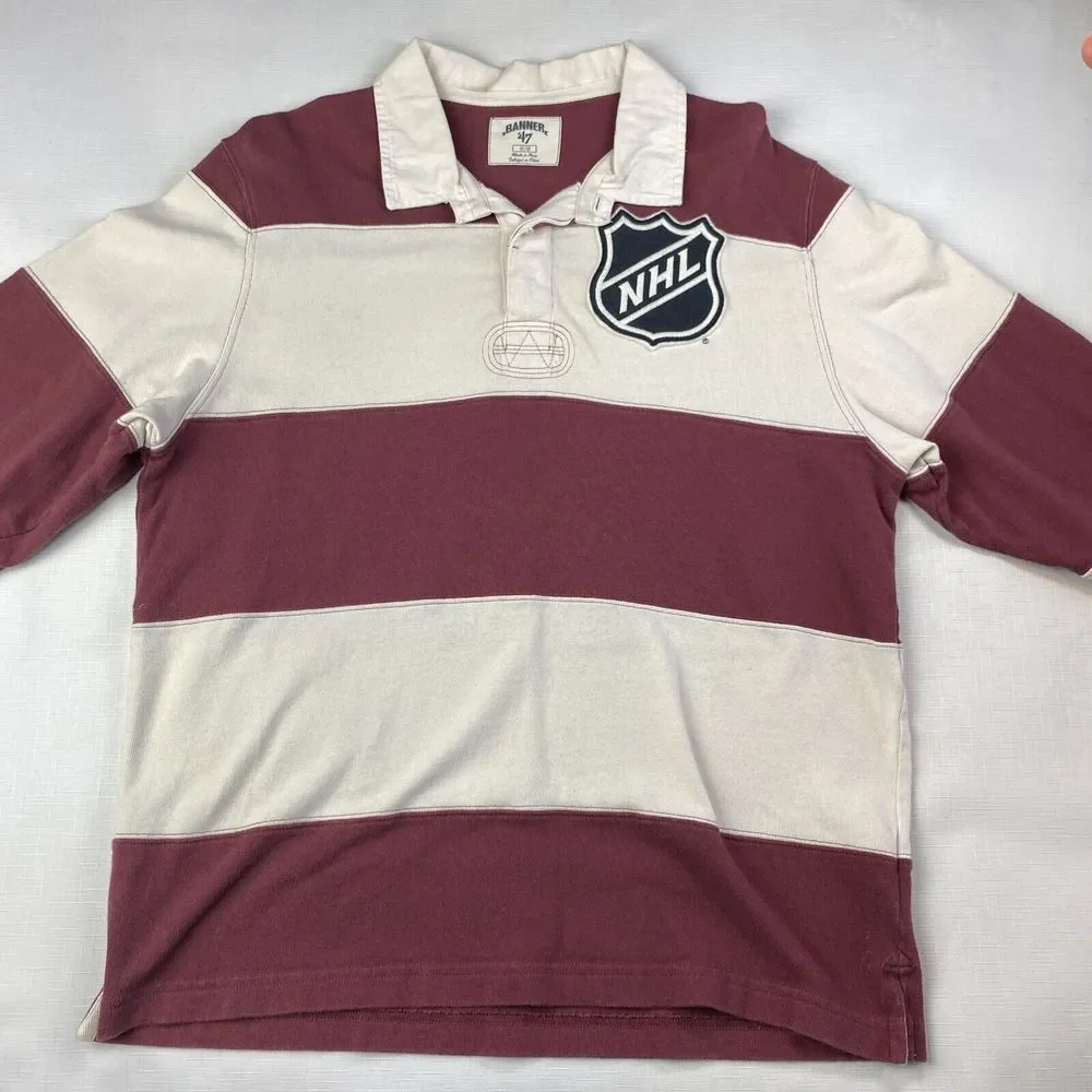 VINTAGE NHL HOCKEY Rugby POLO SHIRT! Long Sleeve Embroidered Maroon Striped Sz M - Picture 2 of 16
